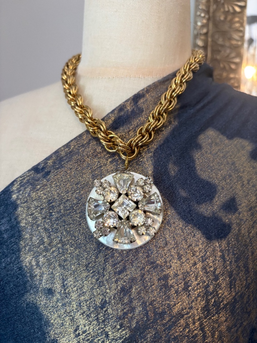 Vintage repurposed gold tone rhinestone necklace